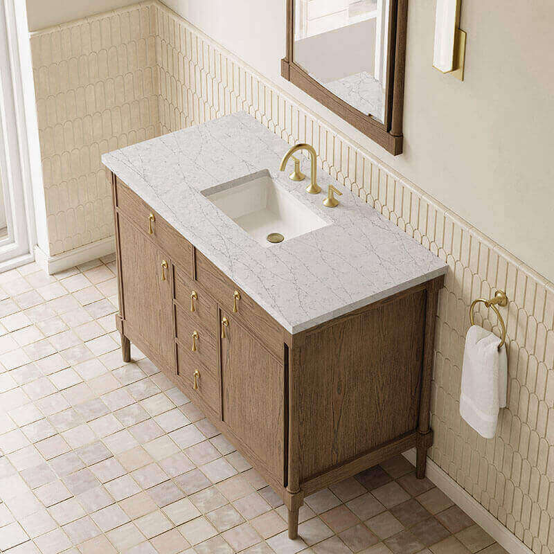 James Martin Kinnsden 48 Single Vanity Weathered Oak in Eternal Jasmine Pearl Silestone Top