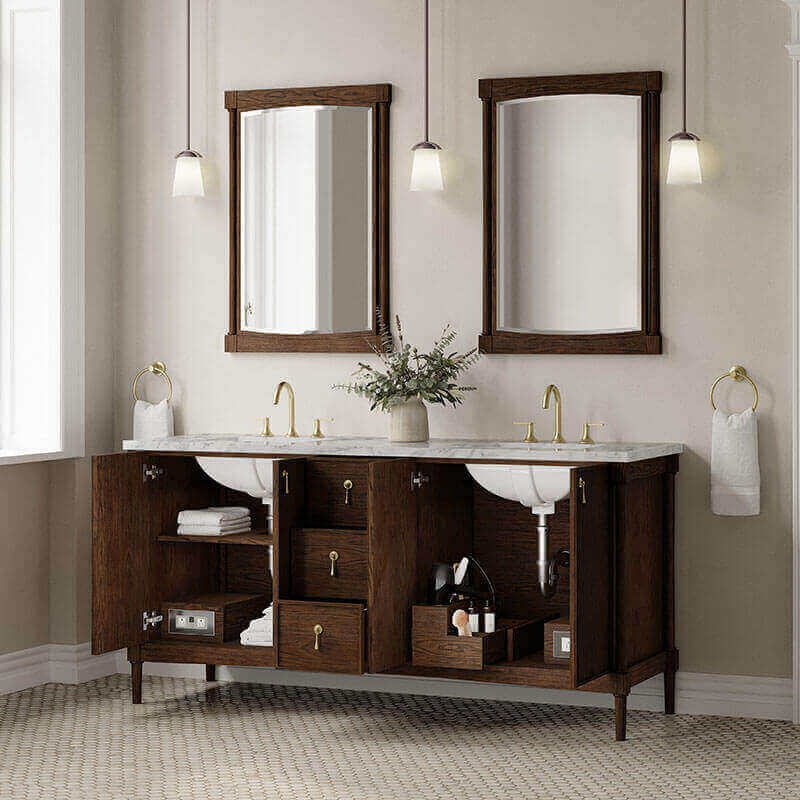 James Martin Kinnsden 72 Single Vanity Sable Oak in Carrara Marble Top Corner View