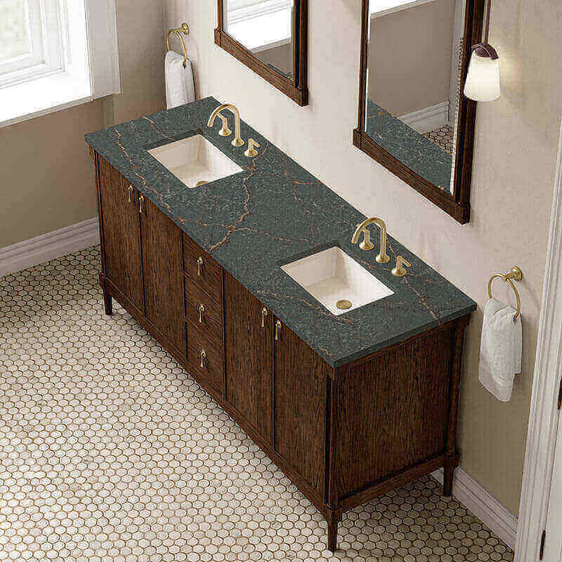 James Martin Kinnsden 72 Single Vanity Sable Oak in Parisien Bleu Silestone Top