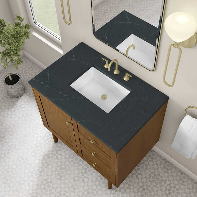 James Martin Laurent 36 Inch Single Vanity in Honey Oak With Charcoal Soapstone Silestone Top