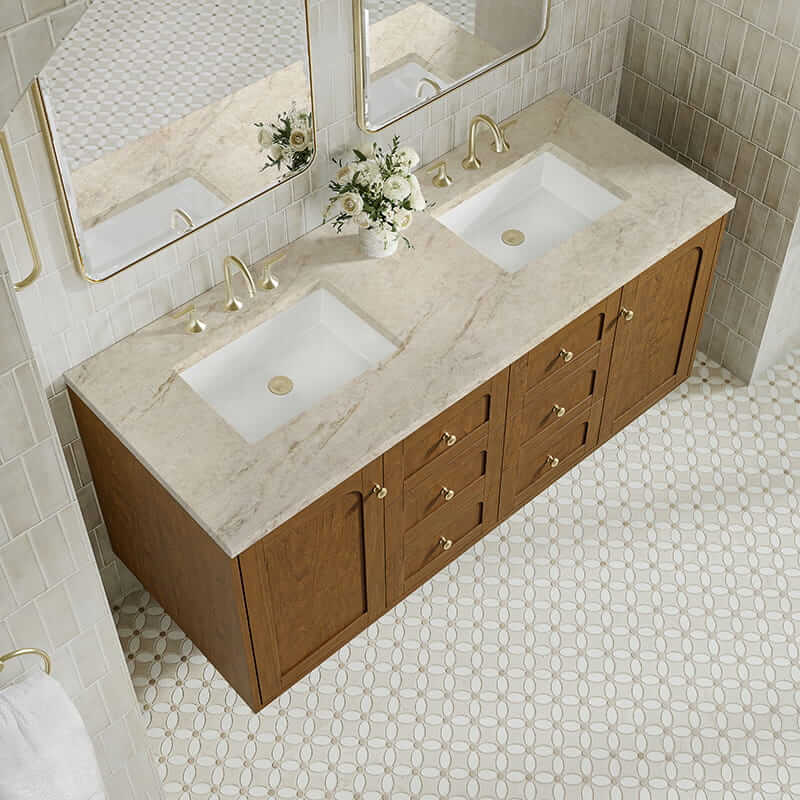 James Martin Laurent 60" Double Vanity in Honey Oak With Tajnar Eclos Top