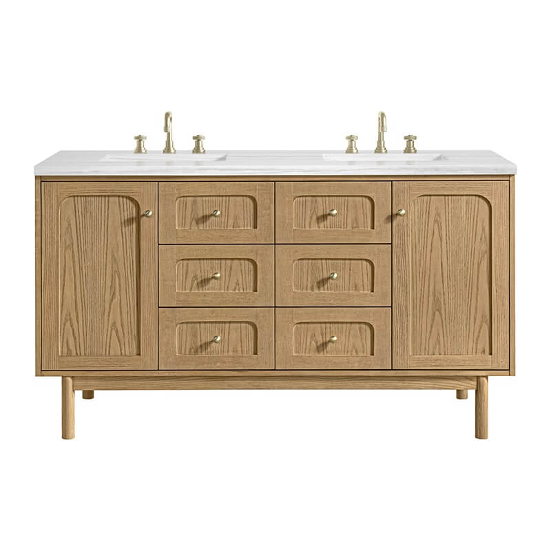 James Martin Laurent 60" Double Vanity in Light Natural Oak With Arctic Fall Solid Surface Top
