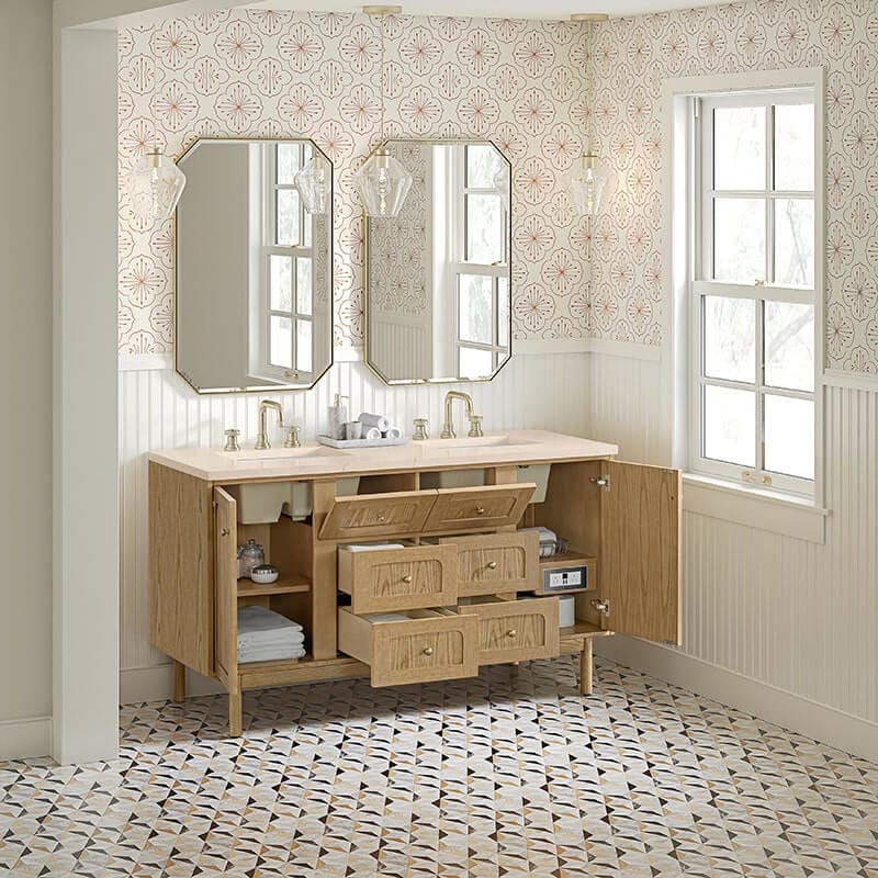 James Martin Laurent 60 Inch Double Vanity Corner View With Open Drawers