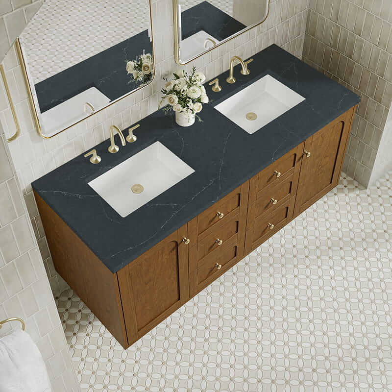 James Martin Laurent 60 Inch Double Vanity in Honey Oak With Charcoal Soapstone Silestone Top