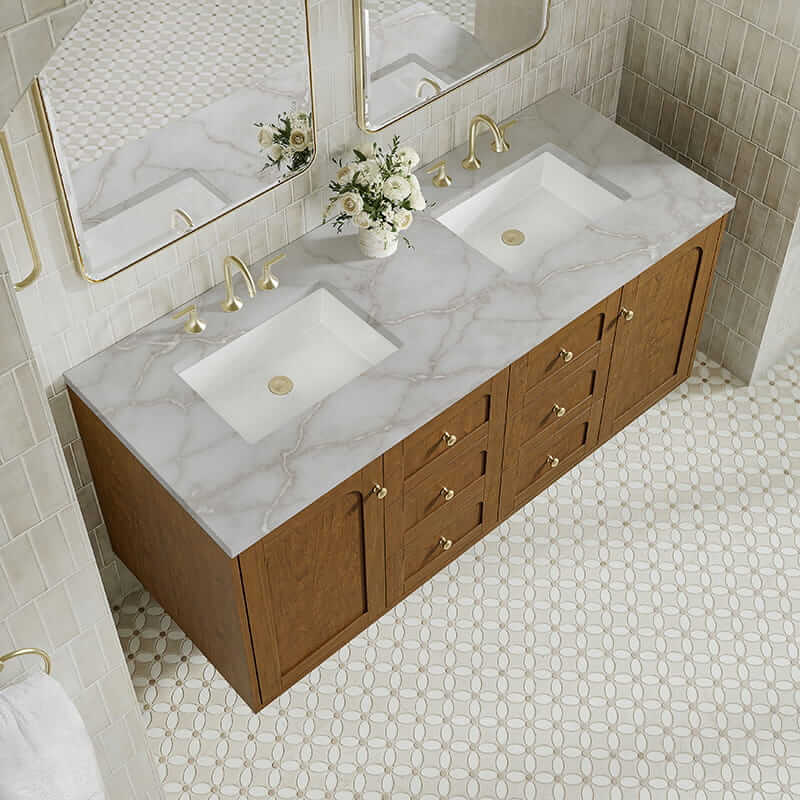 James Martin Laurent 60 Inch Double Vanity in Honey Oak With Victorian Silver Silestone Top