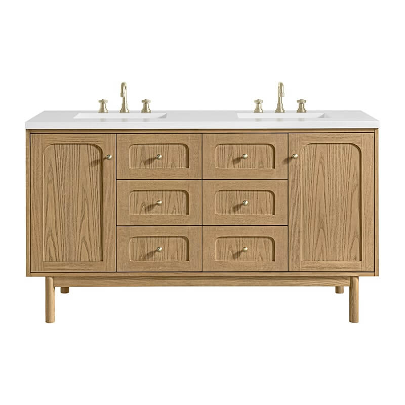 James Martin Laurent 60 Inch Double Vanity in Light Natural Oak With White Zeus Quartz Top