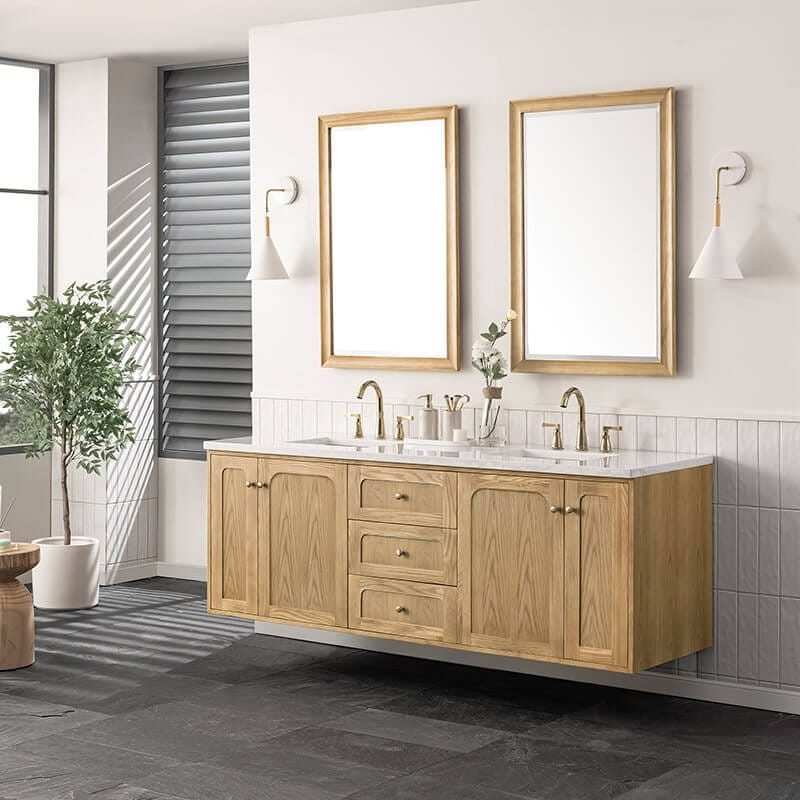 James Martin Laurent 72" Double Vanity in Light Natural Oak With Arctic Fall Top