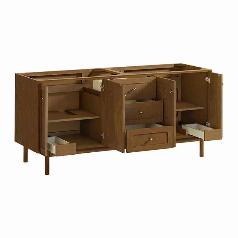 James Martin Laurent 72 Inch Double Vanity in Honey Oak Corner View Open Doors Freestanding