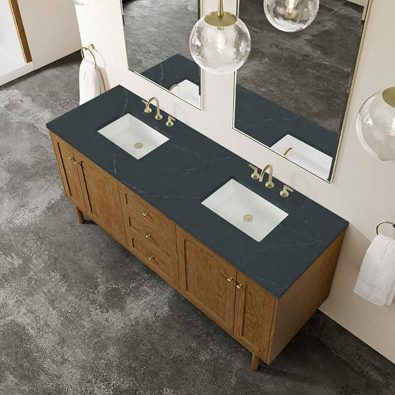 James Martin Laurent 72 Inch Double Vanity in Honey Oak With Charcoal Soapstone Silestone Top