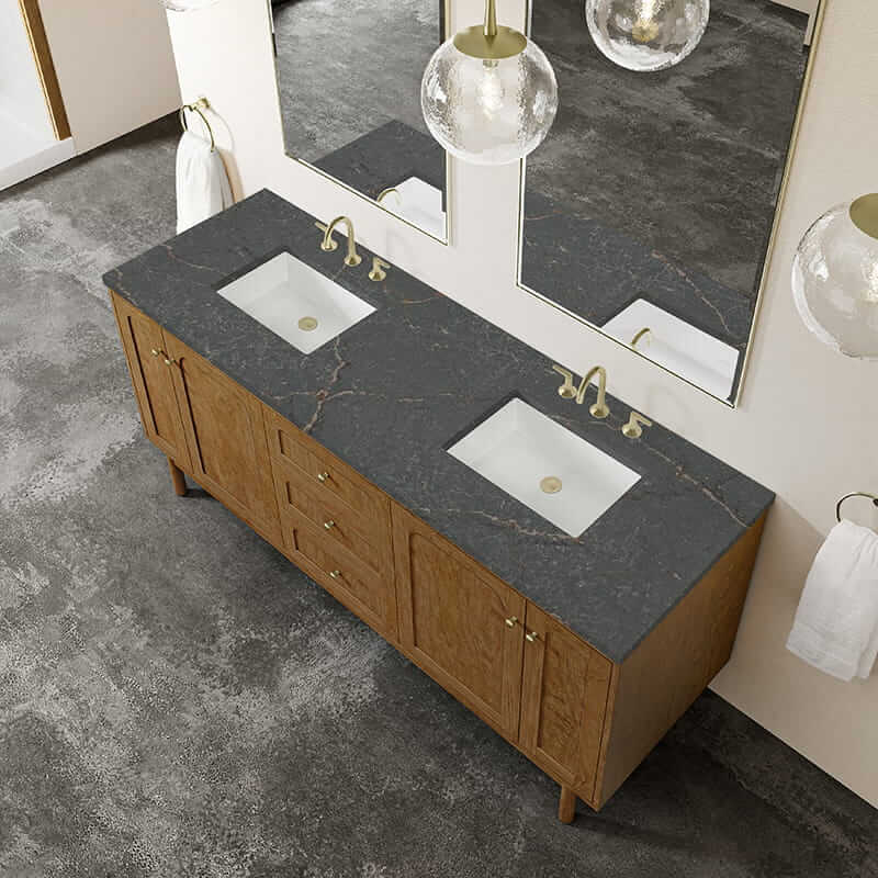 James Martin Laurent 72 Inch Double Vanity in Honey Oak With Parisien Bleu Silestone Top