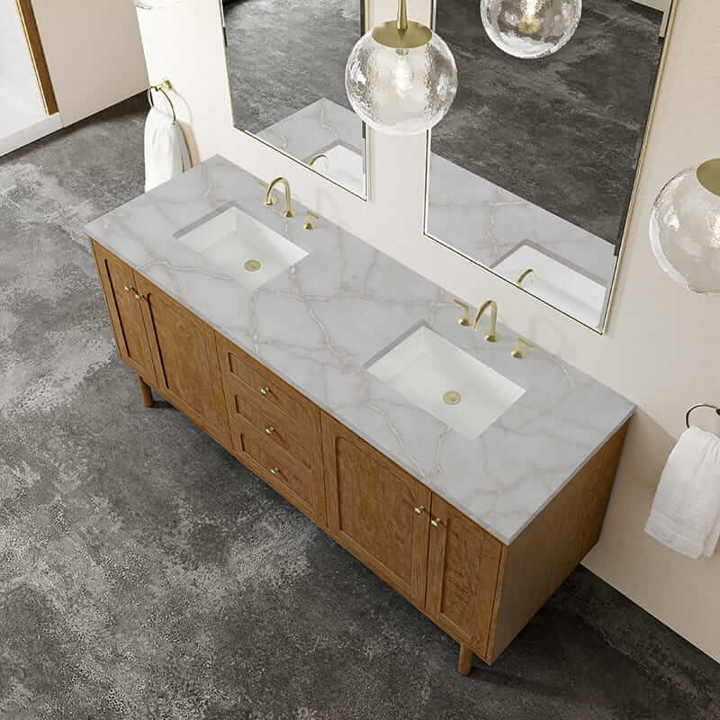 James Martin Laurent 72 Inch Double Vanity in Honey Oak With Victorian Silver Silestone Top