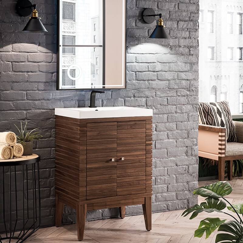 James Martin Linden 24 Inch Single Vanity in Mid Century Walnut With Glossy White Composite Stone Top Feestanding Corner View
