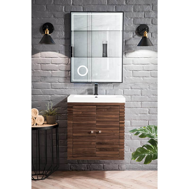 James Martin Linden 24 Inch Single Vanity in Mid Century Walnut With Glossy White Composite Stone Top Front View