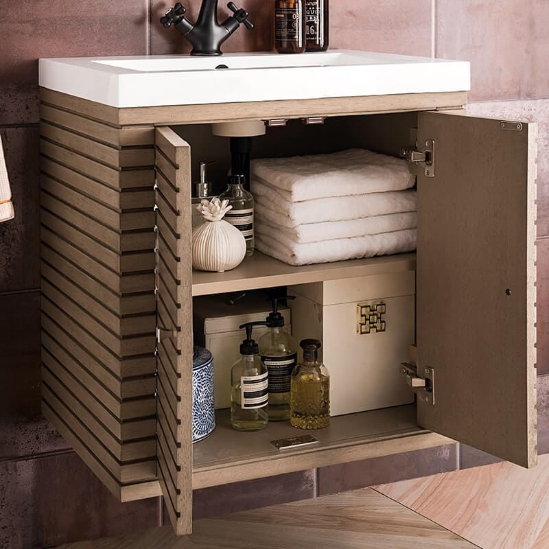 James Martin Linden 24 Inch Single Vanity in Whitewashed Walnut With Glossy White Composite Stone Top Floating Corner View Opened