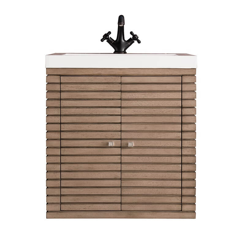James Martin Linden 24 Inch Single Vanity in Whitewashed Walnut With Glossy White Composite Stone Top Floating