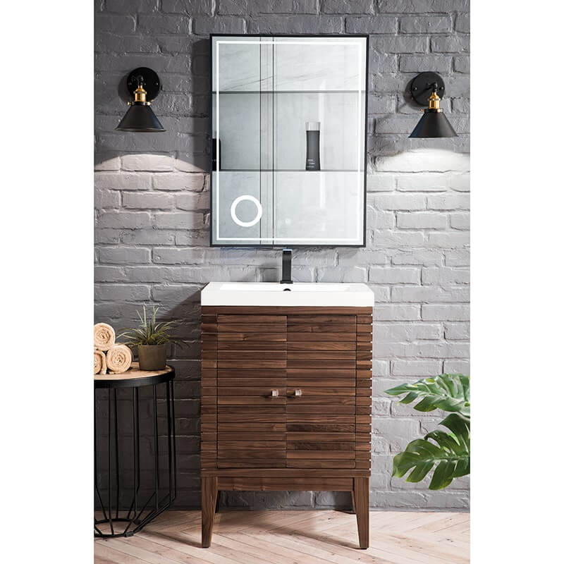 James Martin Linden 24" Single Vanity in Mid Century Walnut With Glossy White Composite Stone Top Feestanding Front View