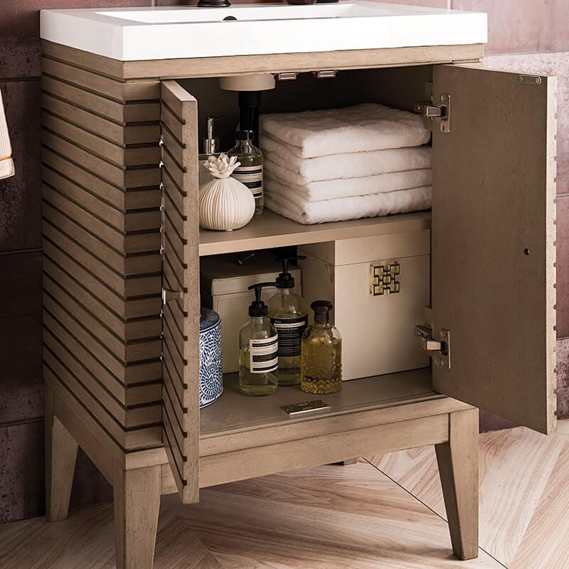 James Martin Linden 24" Single Vanity in Whitewashed Walnut With Glossy White Composite Stone Top Freestanding Corner View Opened