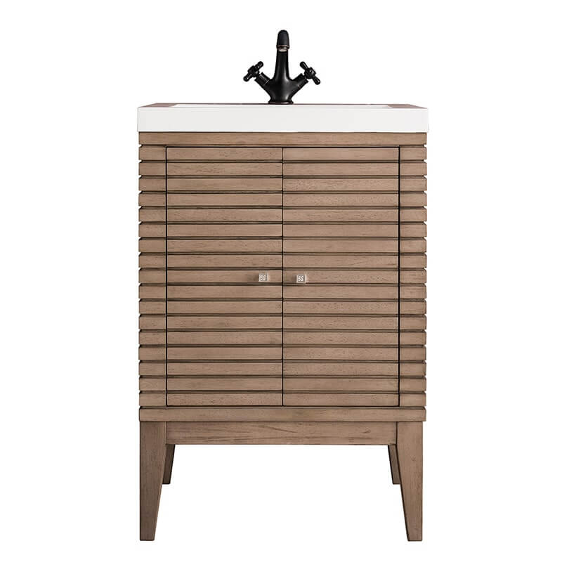 James Martin Linden 24" Single Vanity in Whitewashed Walnut With Glossy White Composite Stone Top