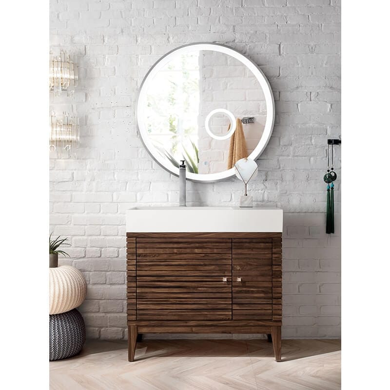 James Martin Linear 36 Inch Single Vanity in Mid Century Walnut With White Composite Stone Top Front View
