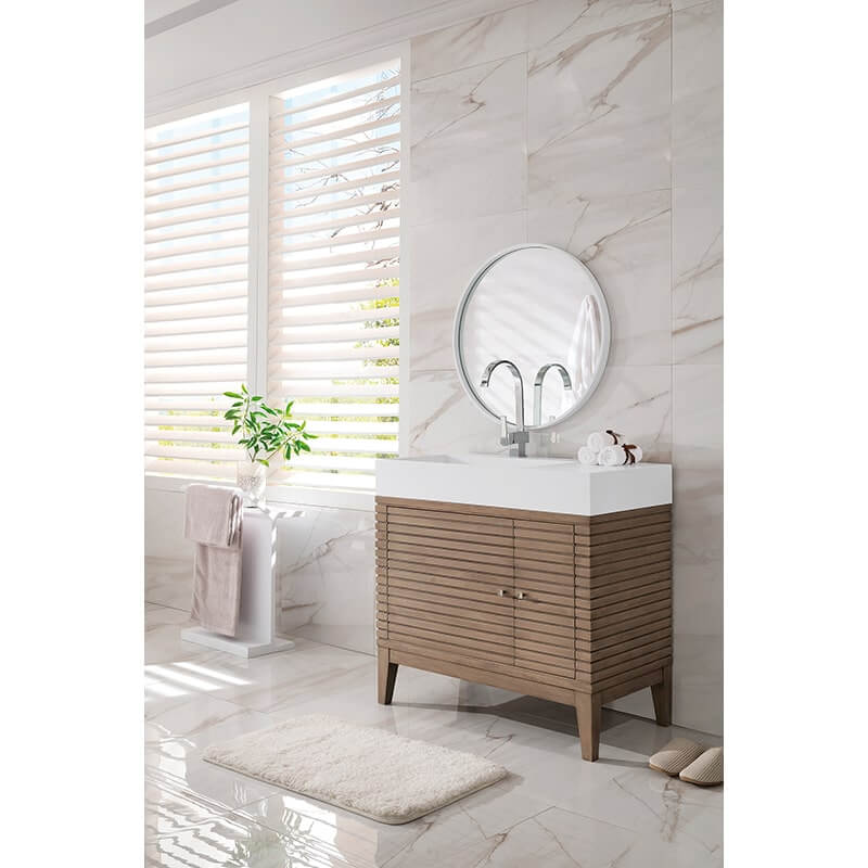 James Martin Linear 36 Inch Single Vanity in Whitewashed Walnut With White Composite Stone Top Facing Left