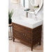 James Martin Linear 36" Single Vanity in Mid Century Walnut With White Composite Stone Top Corner View Close Doors