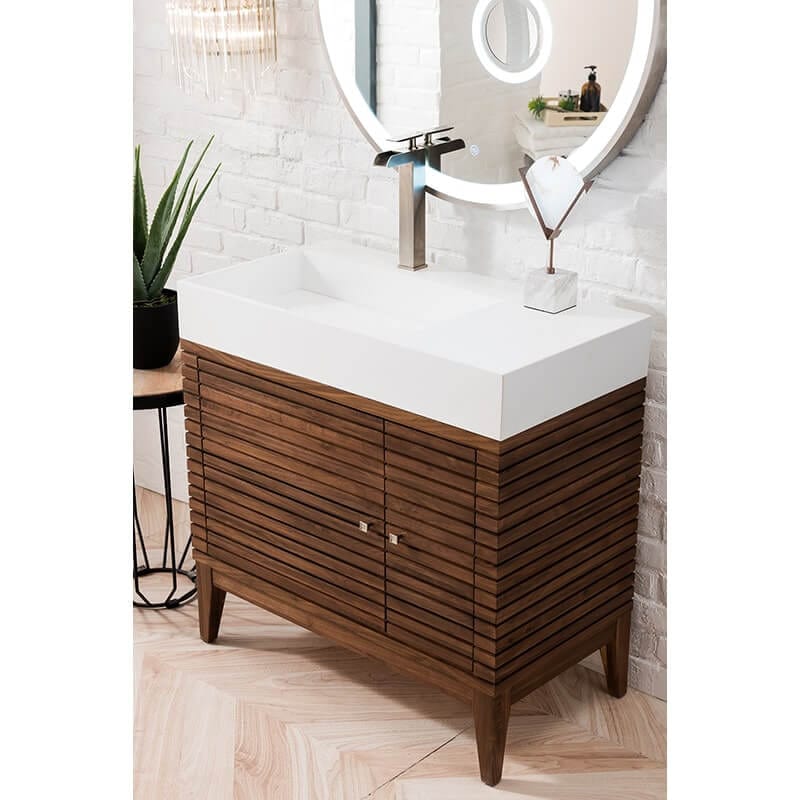 James Martin Linear 36" Single Vanity in Mid Century Walnut With White Composite Stone Top Corner View Close Doors