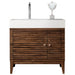 James Martin Linear 36" Single Vanity in Mid Century Walnut With White Composite Stone Top Front View Up Close
