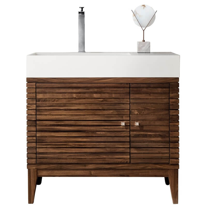 James Martin Linear 36" Single Vanity in Mid Century Walnut With White Composite Stone Top Front View Up Close