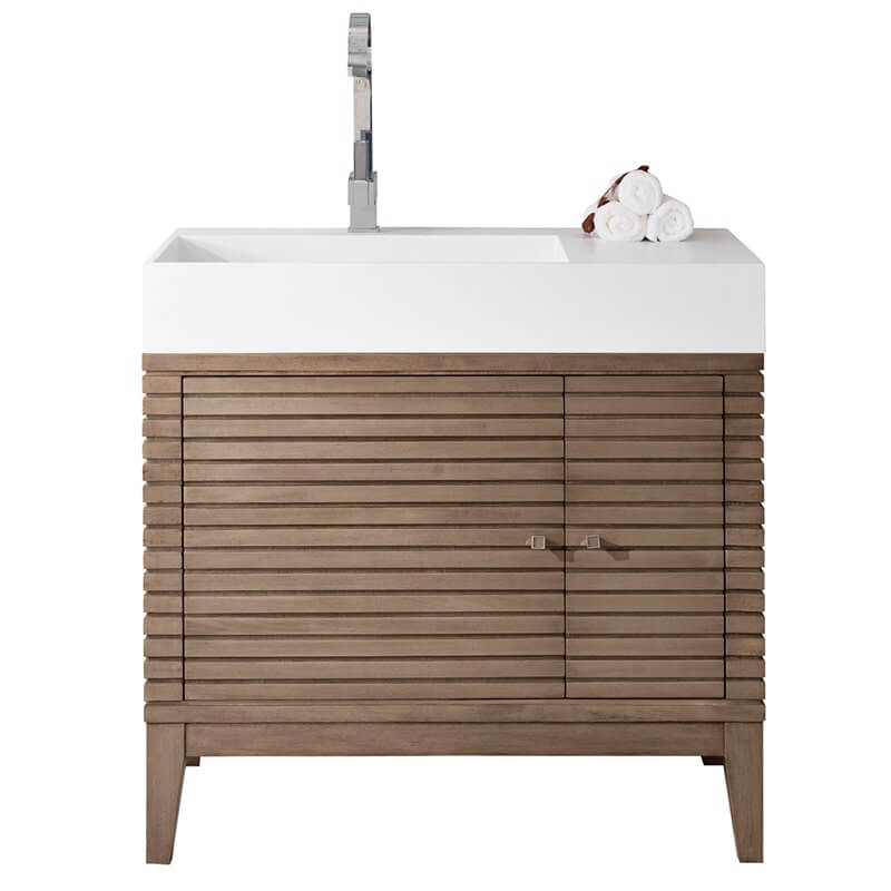 James Martin Linear 36" Single Vanity in Whitewashed Walnut White Composite Stone Top Up Close