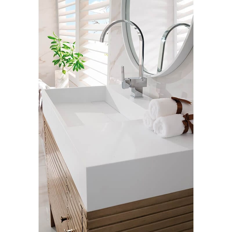 James Martin Linear 36" Single Vanity in Whitewashed Walnut With Glossy White Composite Stone Top Sink Up Close