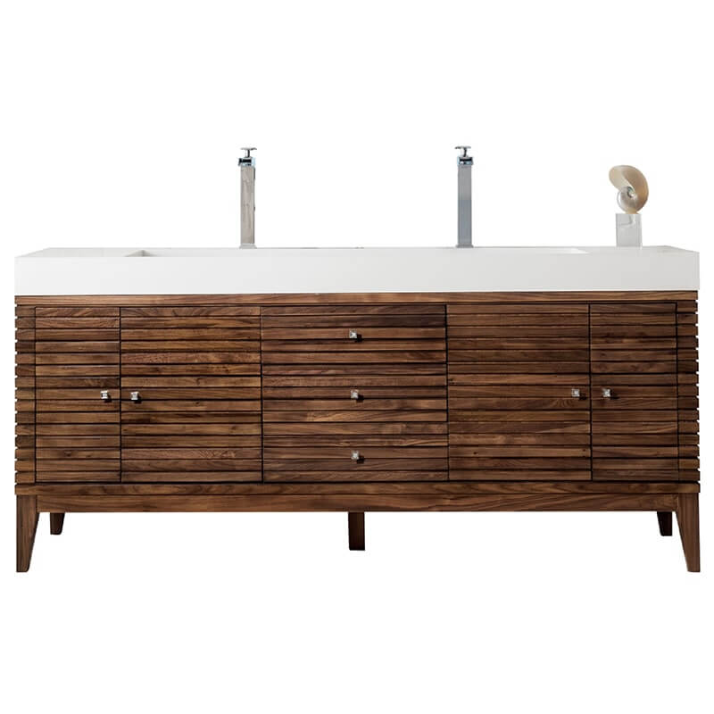 James Martin Linear 72" Double Vanity in Mid Century Walnut With Glossy White Composite Stone Top