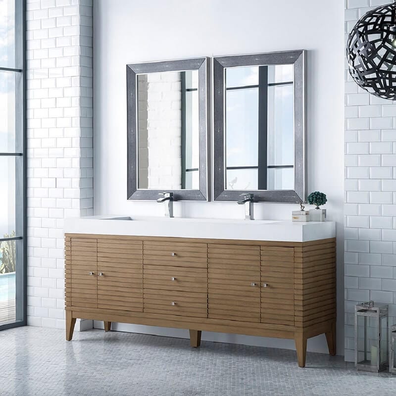 James Martin Linear 72" Double Vanity in Whitewashed Walnut With Glossy White Composite Stone Top Corner View