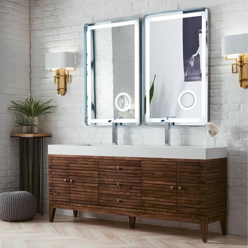 James Martin Linear 72 Inch Double Vanity in Mid Century Walnut With Glossy White Composite Stone Top Corner View