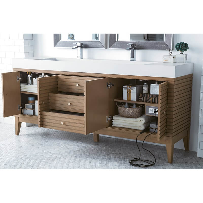 James Martin Linear 72 Inch Double Vanity in Whitewashed Walnut Up Close Open Doors