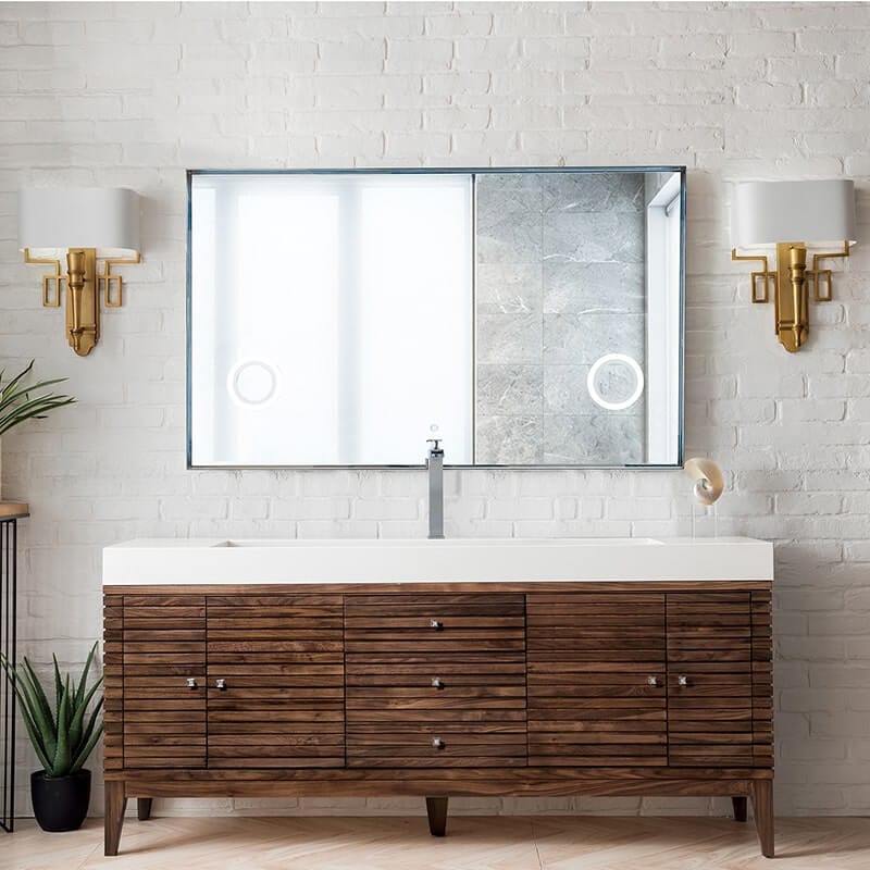 James Martin Linear 72 Inch Single Vanity in Mid Century Walnut With White Composite Stone Top Front View