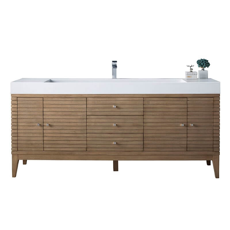 James Martin Linear 72 Inch Single Vanity in Whitewashed Walnut With Glossy White Composite Stone Top