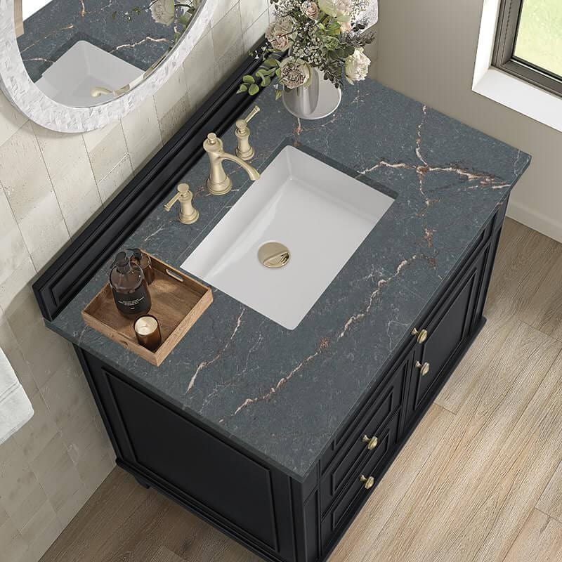 James Martin Lorelai 36 Inch Single Vanity in Black Onyx With Parisien Bleu Silestone Top