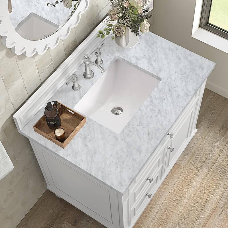James Martin Lorelai 36 Inch Single Vanity in Bright White With Carrara White Marble Top