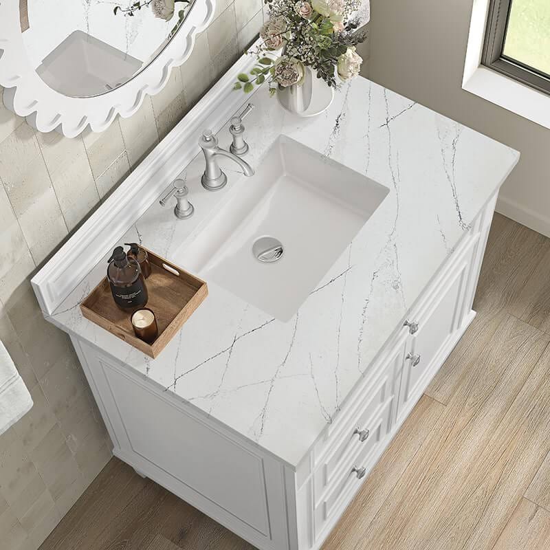 James Martin Lorelai 36 Inch Single Vanity in Bright White With Ethereal Noctis Silestone Top