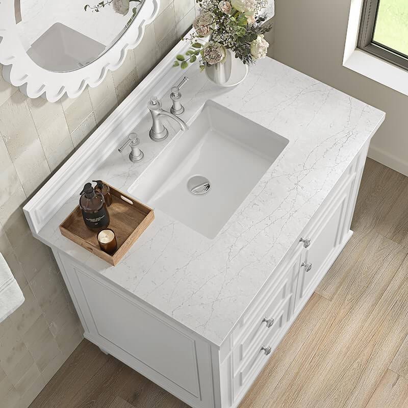 James Martin Lorelai 36 Inch Single Vanity in Bright White With White Zeus Silestone Top