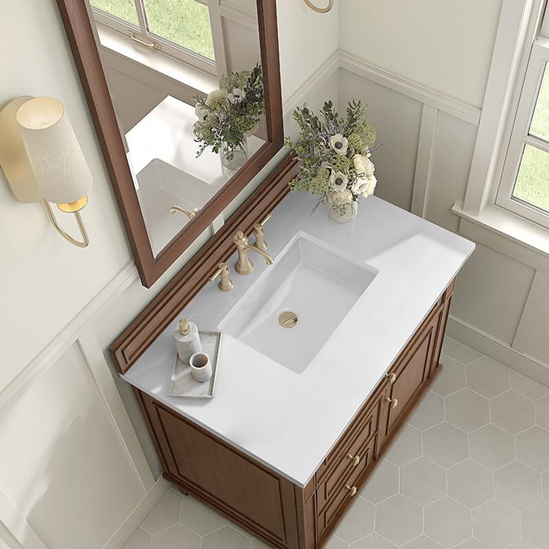 James Martin Lorelai 36 Inch Single Vanity in Mid Century Walnut With White Zeus Silestone Top