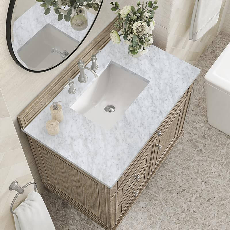 James Martin Lorelai 36 Inch Single Vanity in Whitewashed Oak With Carrara White Marble Top