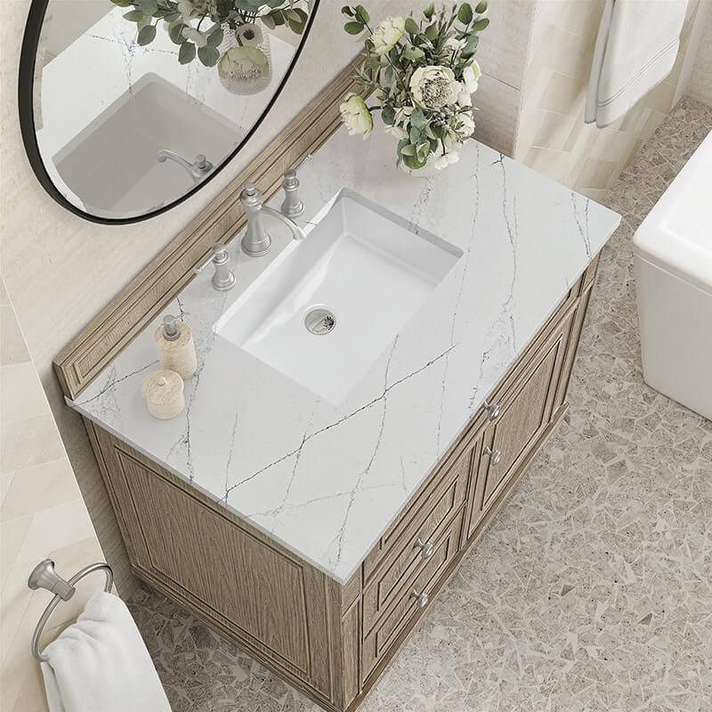James Martin Lorelai 36 Inch Single Vanity in Whitewashed Oak With Ethereal Noctis Silestone Top