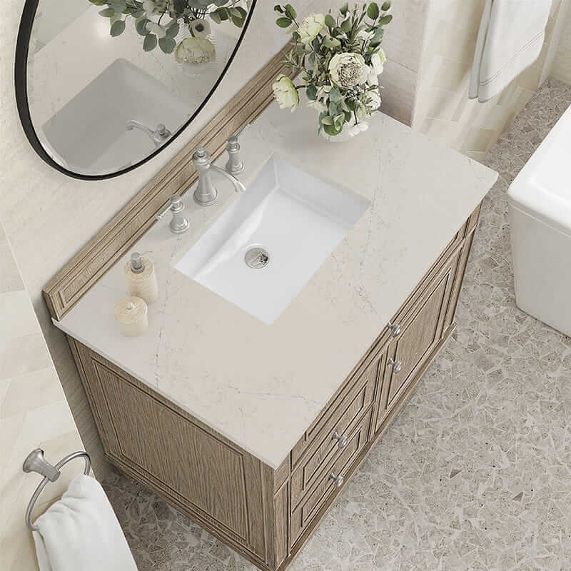 James Martin Lorelai 36 Inch Single Vanity in Whitewashed Oak With Siberian Silestone Top