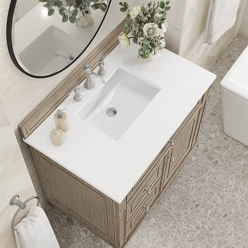James Martin Lorelai 36 Inch Single Vanity in Whitewashed Oak With White Zeus Silestone Top