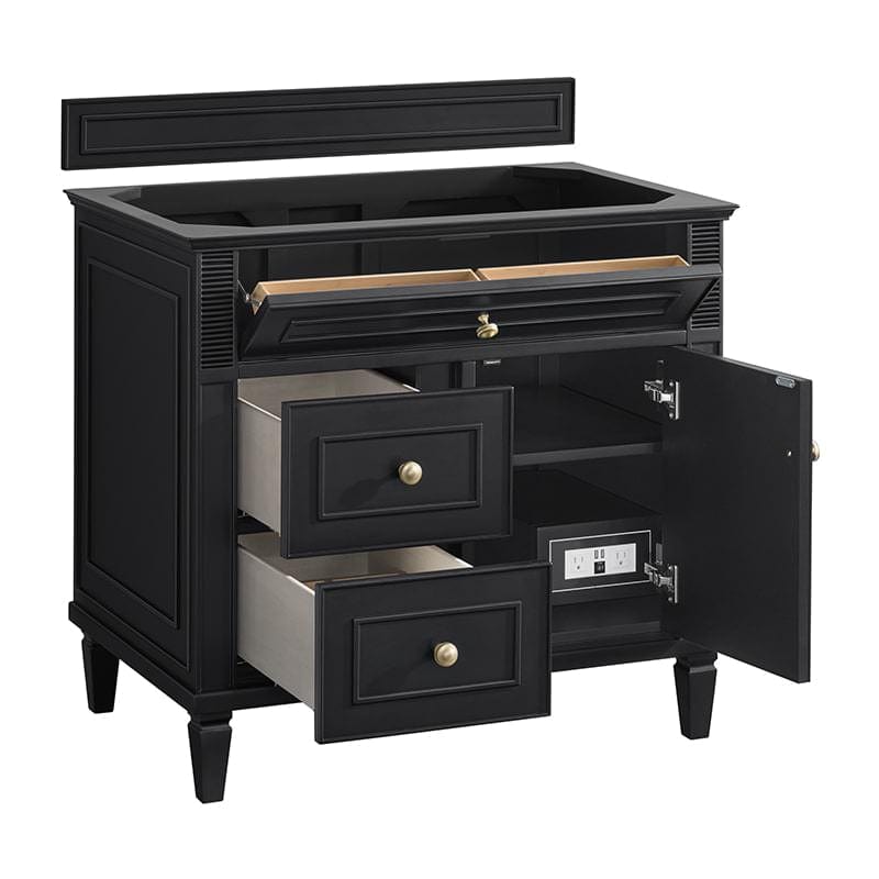 James Martin Lorelai 36" Single Vanity in Black Onyx Corner View Drawers Opened