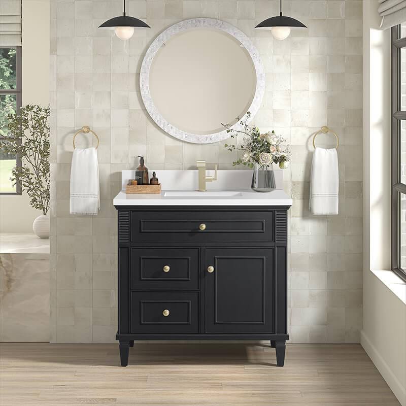 James Martin Lorelai 36" Single Vanity in Black Onyx With Single Hole Faucet White Zeus Silestone Top Backsplash
