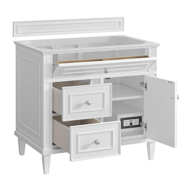 James Martin Lorelai 36" Single Vanity in Bright White Corner View Open Drawers