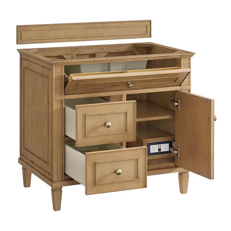 James Martin Lorelai 36" Single Vanity in Light Natural Oak Corner View Open Drawers