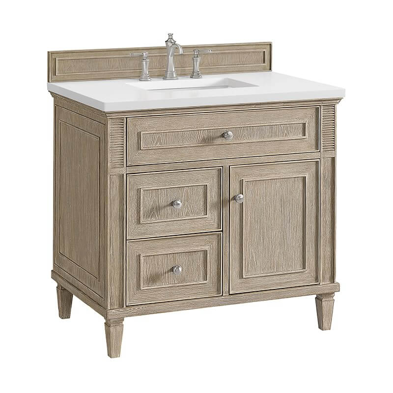 James Martin Lorelai 36" Single Vanity in Whitewashed Oak Corner View With Countertop